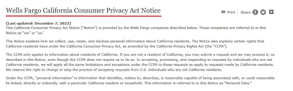 Wells Fargo California Consumer Privacy Act Notice: Intro section