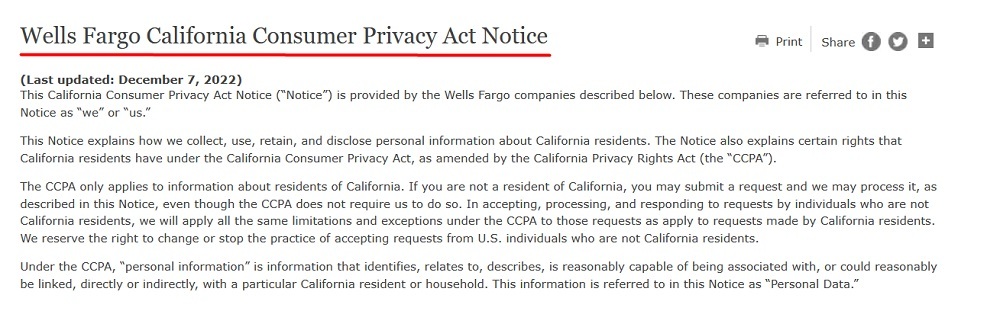 Wells Fargo California Consumer Privacy Act Notice: Intro section