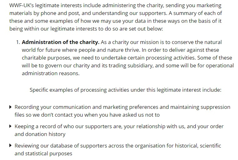 WWF UK Privacy Policy: Legitimate Interests clause