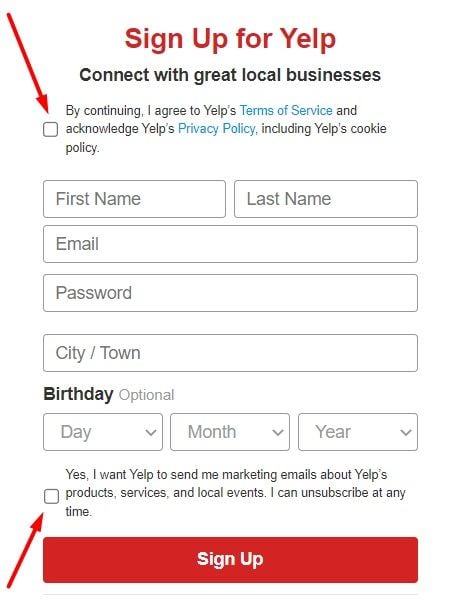 Yelp sign-up form with consent checkboxes highlighted