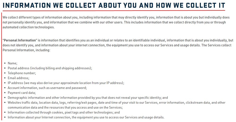 Yeti Privacy Policy: Information we collect about you and how we collect it clause