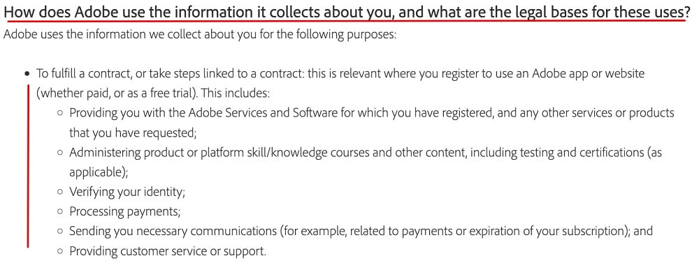 Adobe Privacy Policy: How does Adobe use the information it collects clause