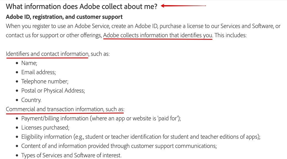 Adobe Privacy Policy: What Information does Adobe Collect clause