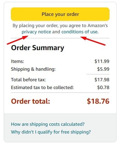 Amazon checkout page with Privacy Notice and Conditions of Use links highlighted