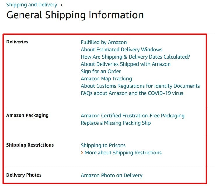 Amazon General Shipping Information table of contents