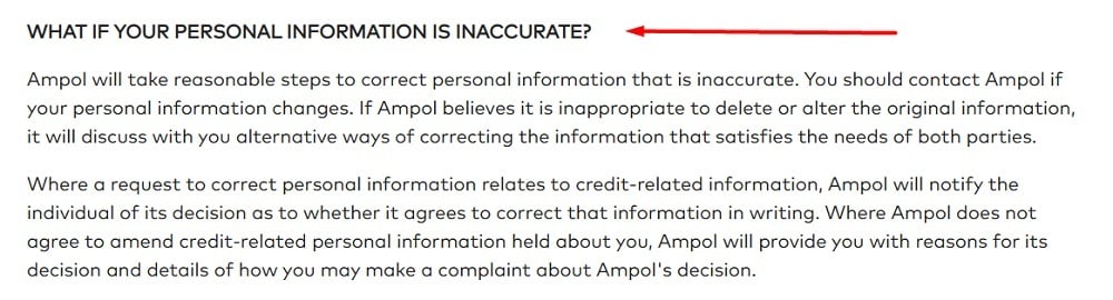 Ampol Privacy and Credit Reporting Policy: What if Your Personal Information is Inaccurate clause