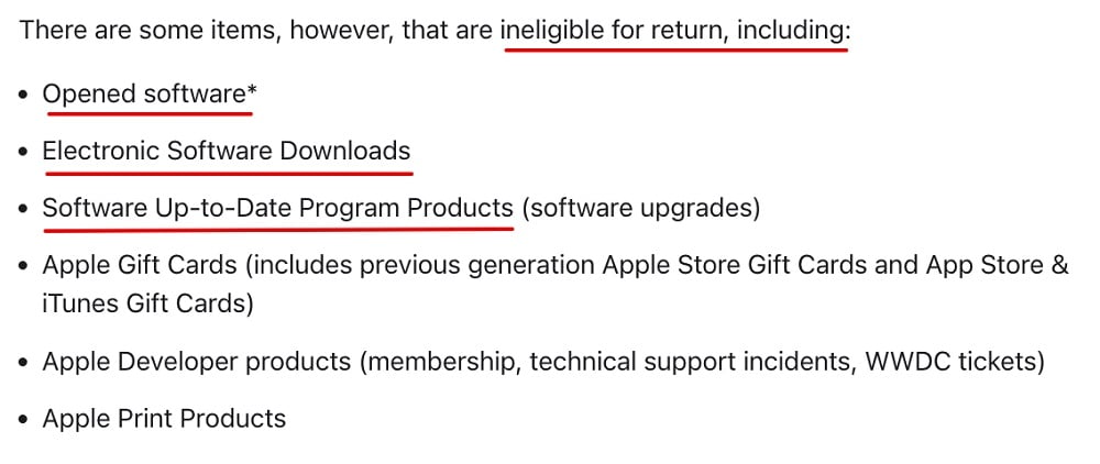 Apple Returns and Refunds Policy: Items ineligible for return list
