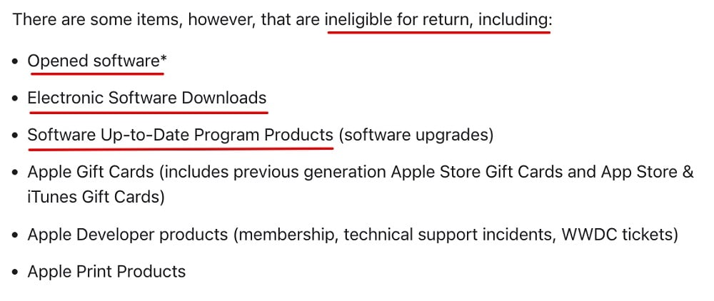 Apple Returns and Refunds Policy: Items ineligible for return list