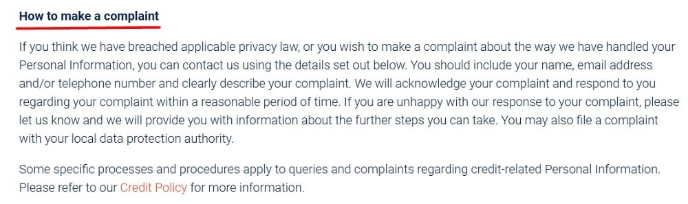 Aristocrat Leisure Limited Privacy Policy: How to make a complaint clause