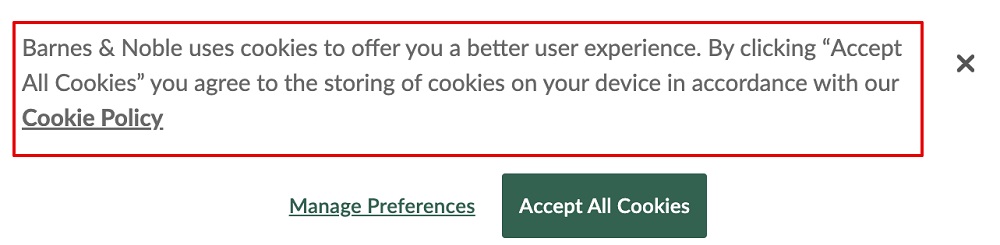 Barnes and Noble Cookie consent notice