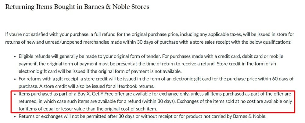 Barnes and Noble Return and Refund Policy: Free offer section