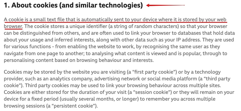 BBC Channels Cookies Notice: About cookies clause