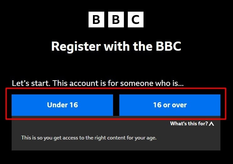BBC registration page with age consent buttons highlighted