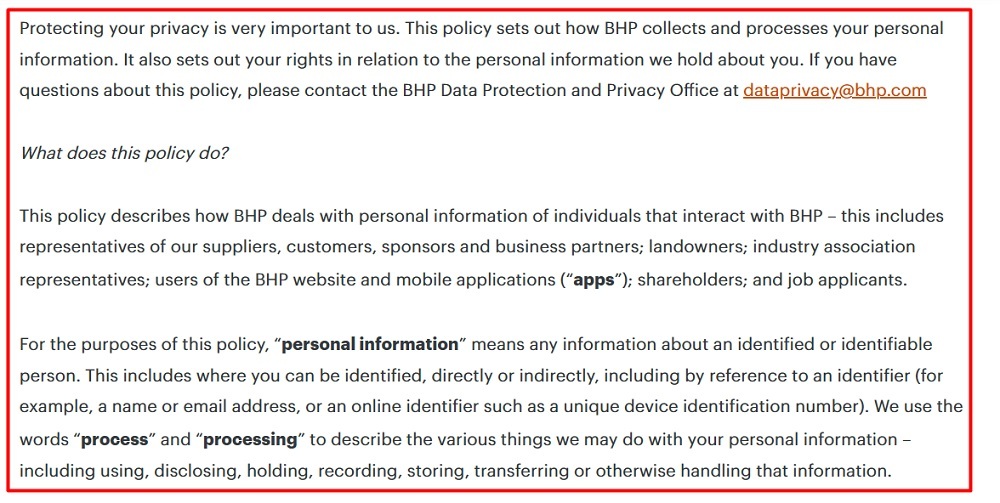 BHP Privacy Policy: Introduction clause