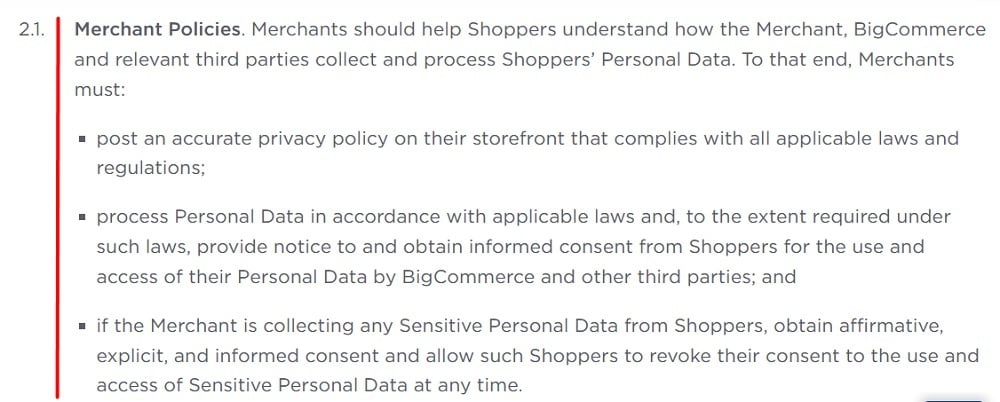 BigCommerce Privacy Policy: Merchant Policies clause excerpt