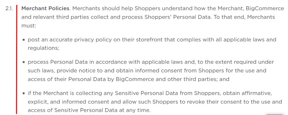 BigCommerce Privacy Policy: Merchant Policies clause excerpt