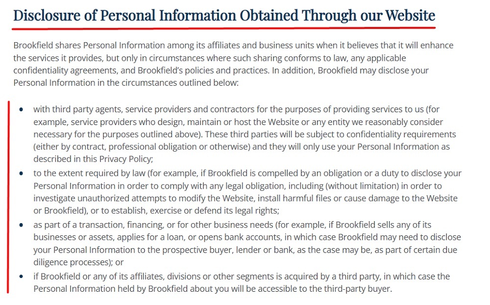 Brookfield Privacy Policy: Disclosure of Personal Information Obtained Through our Website clause