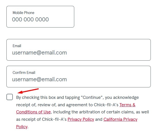 Chick-fil-A online checkout form with Agree checkbox highlighted