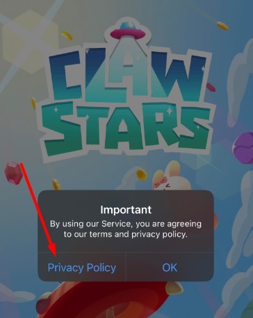 Claw Stars app: Agree to Privacy Policy pop-up