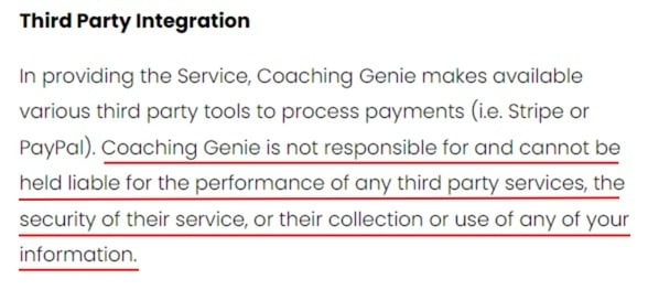 Coaching Genie Terms of Use: Third Party Integration clause