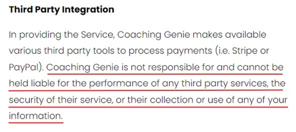 Coaching Genie Terms of Use: Third Party Integration clause