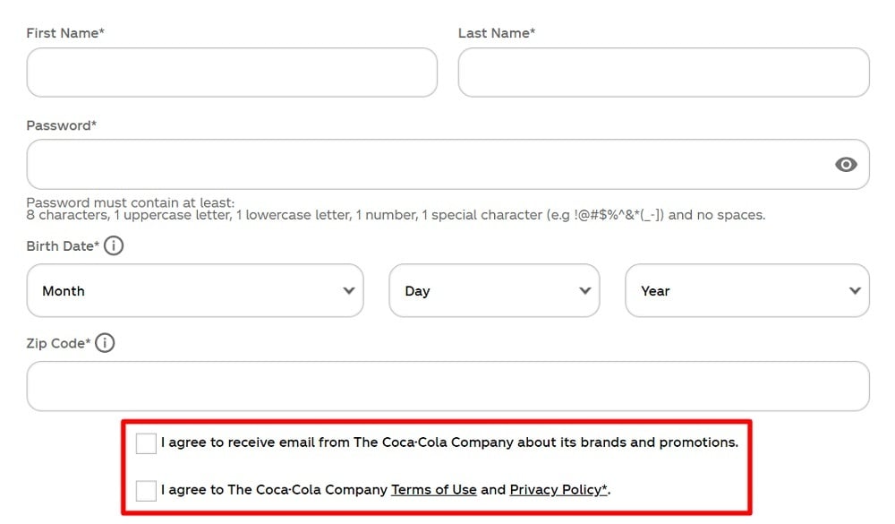 Coca-Cola sign-up form with Agree checkboxes highlighted