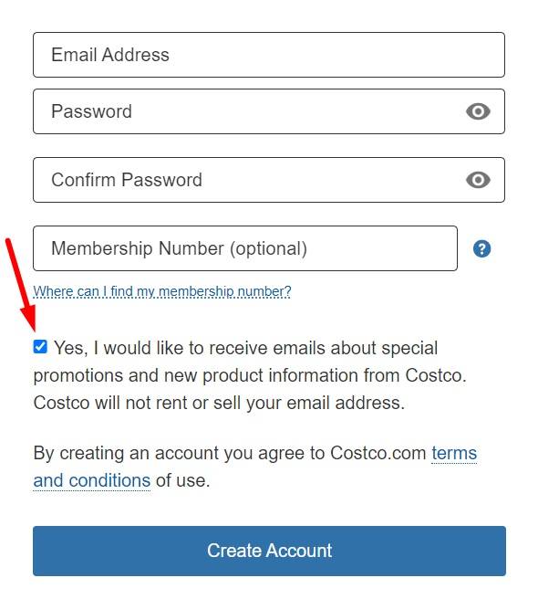 Costco sign-up form with checkbox to receive marketing emails highlighted