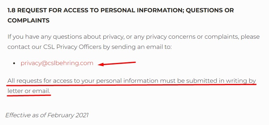 CSL Privacy Policy: Request for Access to Personal Information Questions or Complaints clause