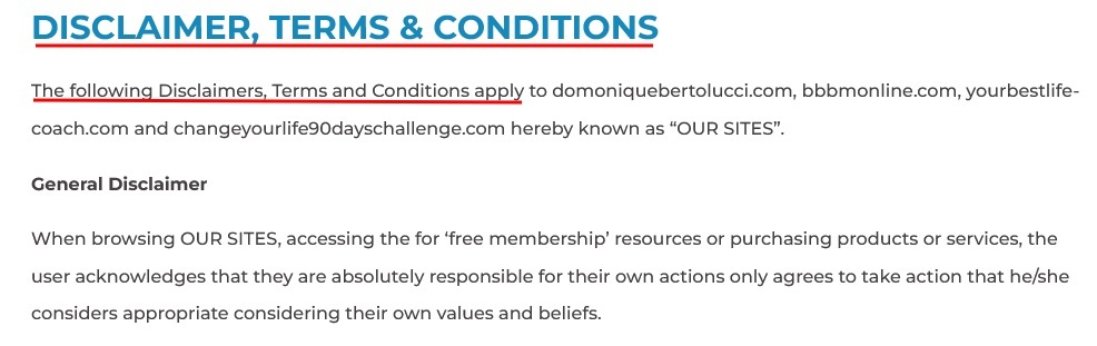 Domonique Bertolucci Disclaimer and Terms and Conditions intro section