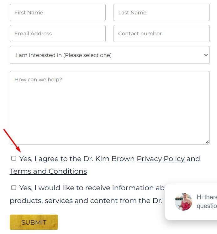 Dr Kim Brown sign-up form with Agree checkbox highlighted