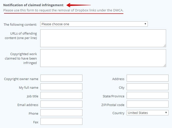 Dropbox Notice of Claimed Infringement form