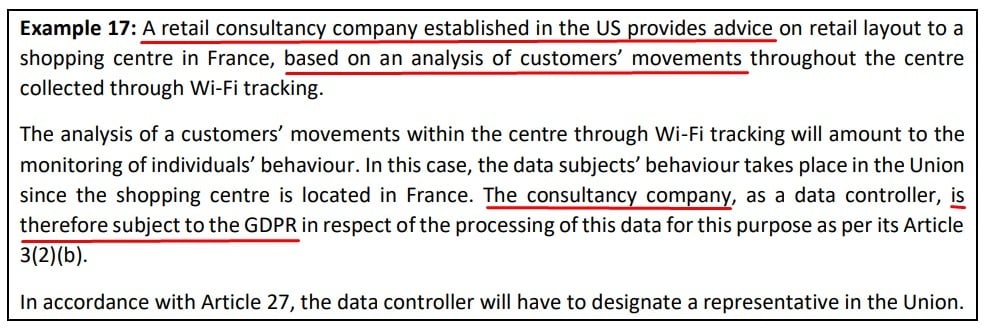 EDPB Guidelines on the Territorial Scope of the GDPR: Monitoring data subjects behavior example 17