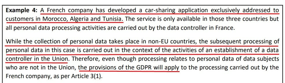 EDPB Guidelines on the Territorial Scope of the GDPR: Processing personal data carried out in context of activities of an establishment - Example 4