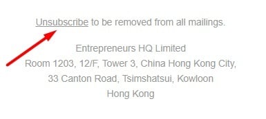 Entrepreneurs HQ email footer with Unsubscribe link highlighted