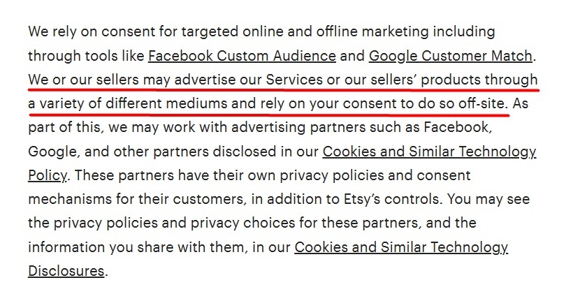 Etsy Privacy Policy: Consent for off-site advertising section