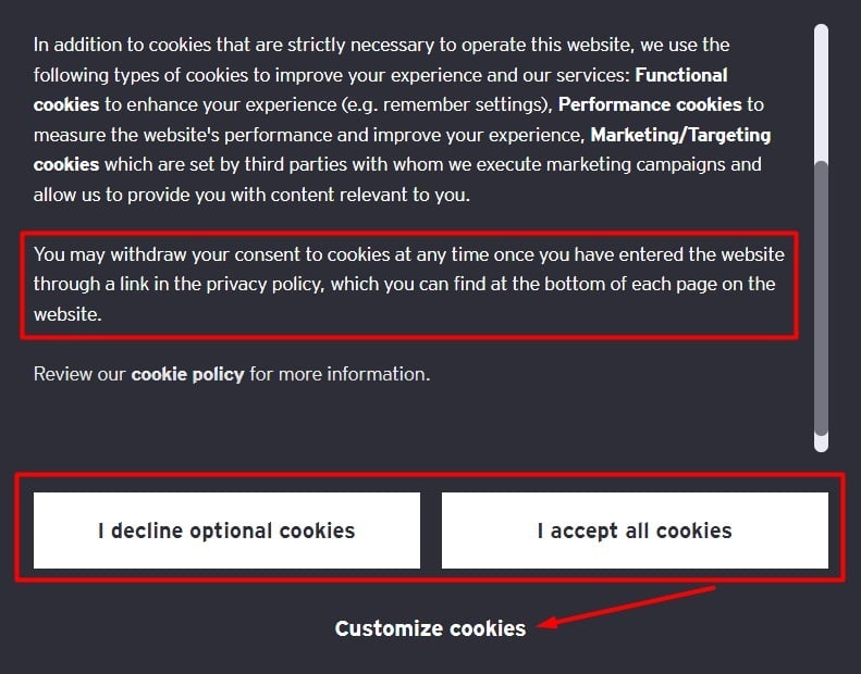 EY cookie consent banner