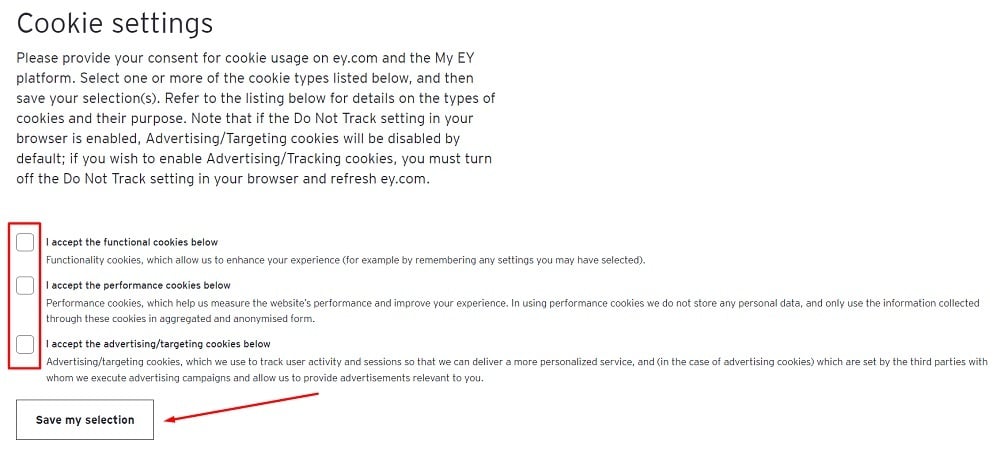 EY cookie settings page with checkboxes for cookie categories highlighted