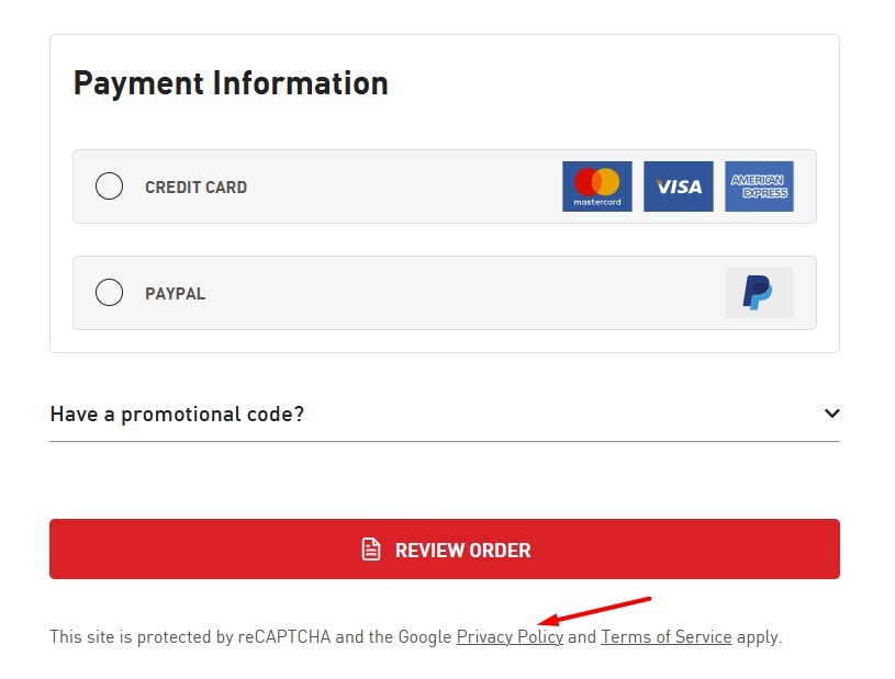 Generic checkout page with Privacy Policy link highlighted
