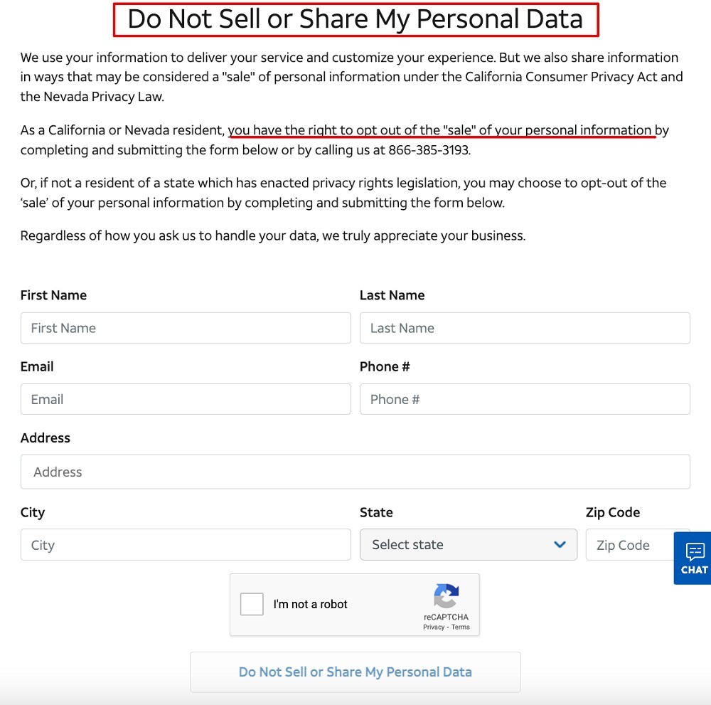 Generic Do Not Sell My Personal Information request form