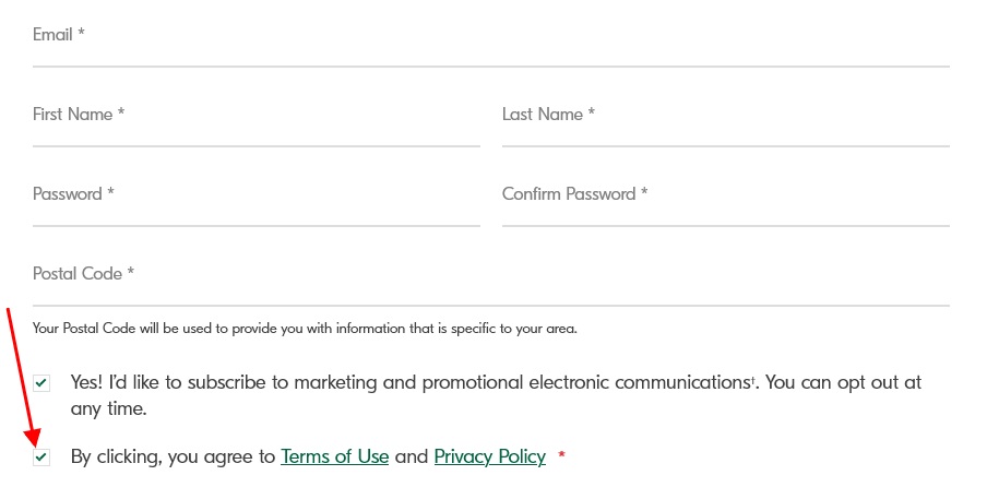 Generic registration form with Agree to Privacy Policy checkbox highlighted