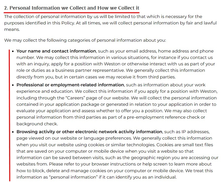 George Weston Limited Privacy Policy: Personal Information we Collect and How we Collect it clause