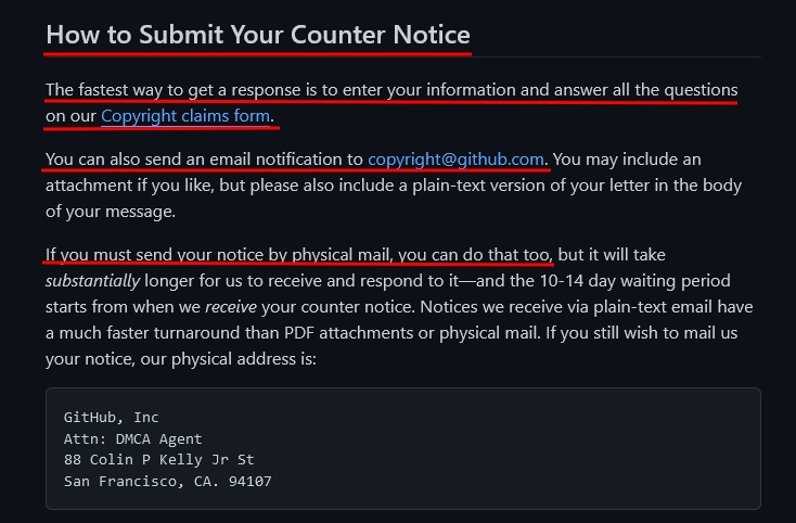 GitHub Guide to Submitting a DMCA Counter Notice: How to Submit Counter Notice section