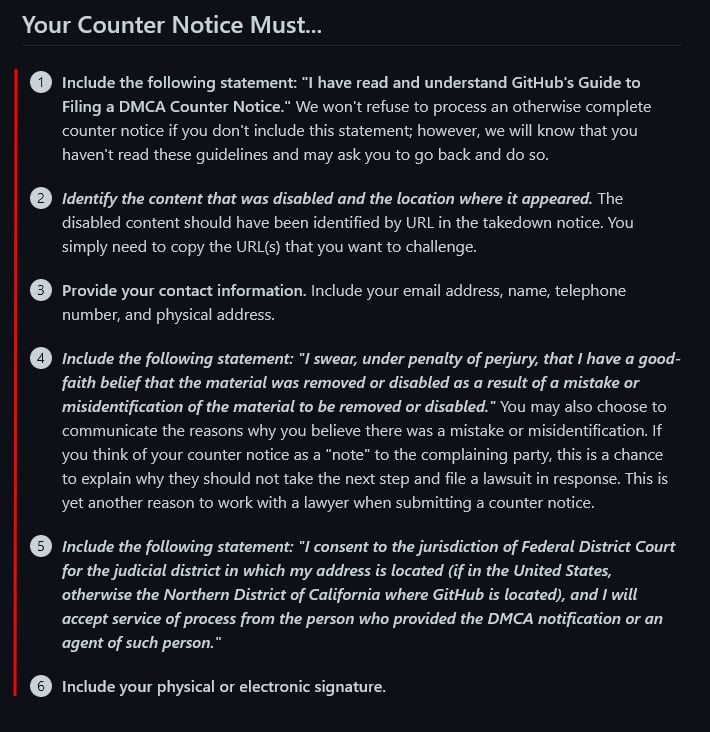 GitHub Guide to Submitting a DMCA Counter Notice: Counter Notice Must Include checklist