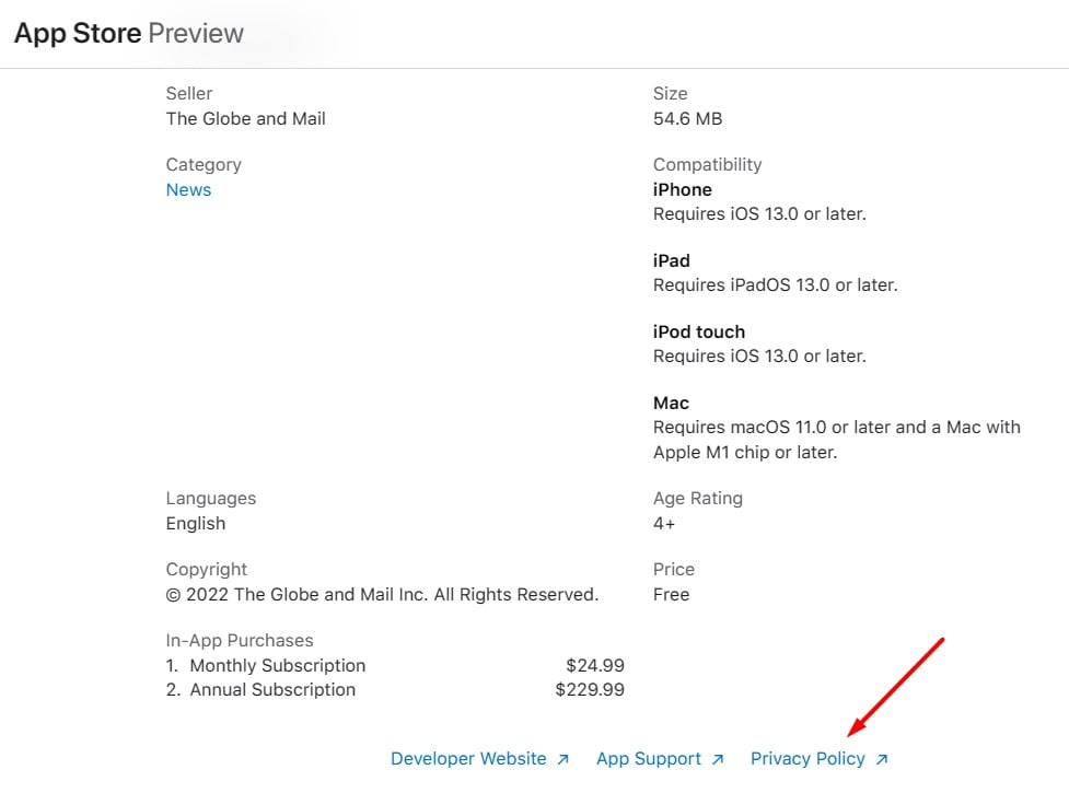 The Globe and Mail Apple App Store listing with Privacy Policy link highlighted