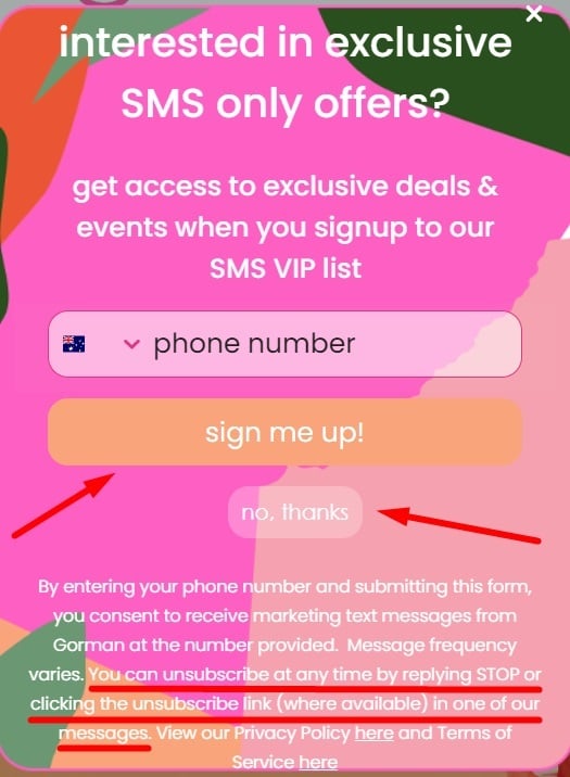 Gorman SMS marketing sign-up form with unsubscribe section highlighted