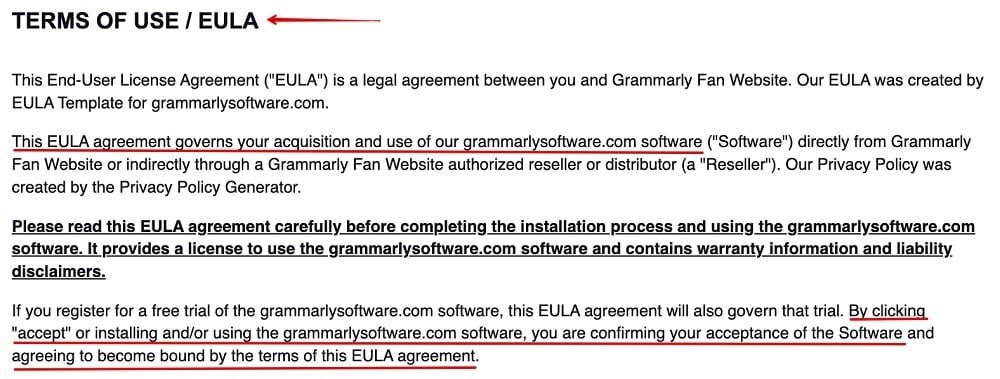 Grammarly Terms of Use and EULA Introduction clause