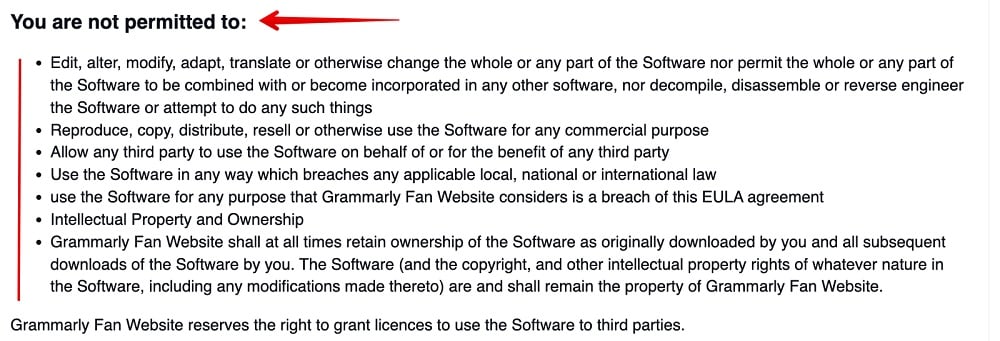 Grammarly Terms of Use and EULA: Not Permitted clause