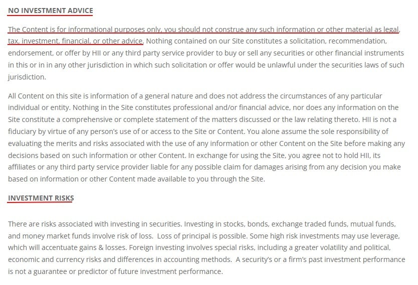 Harrington Investments Legal Disclaimer: No Investment Advice and Investment Risks sections