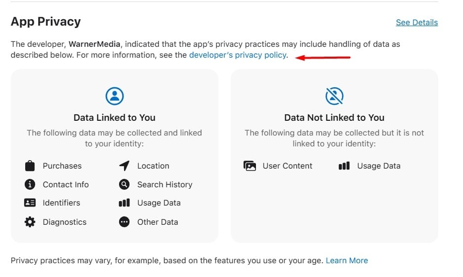 HBO Max Apple App Store Listing with Privacy Policy link highlighted