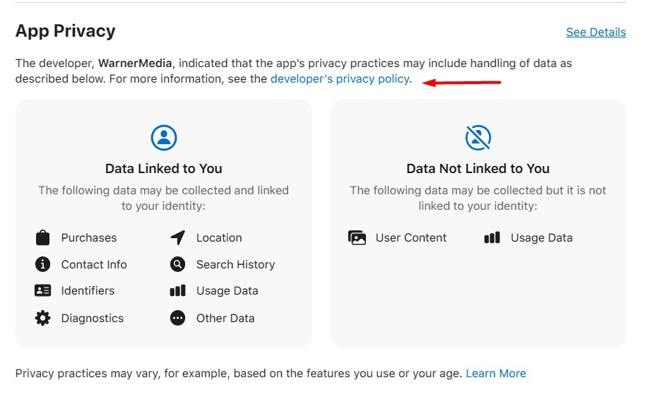 HBO Max Apple App Store Listing with Privacy Policy link highlighted